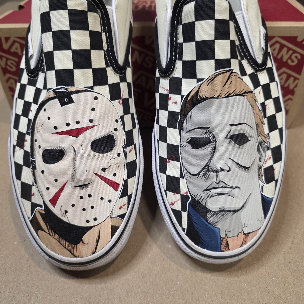 Vans Classic Slip On Mens 11.5 Custom Hand Painted Horror Movie Checkerboard